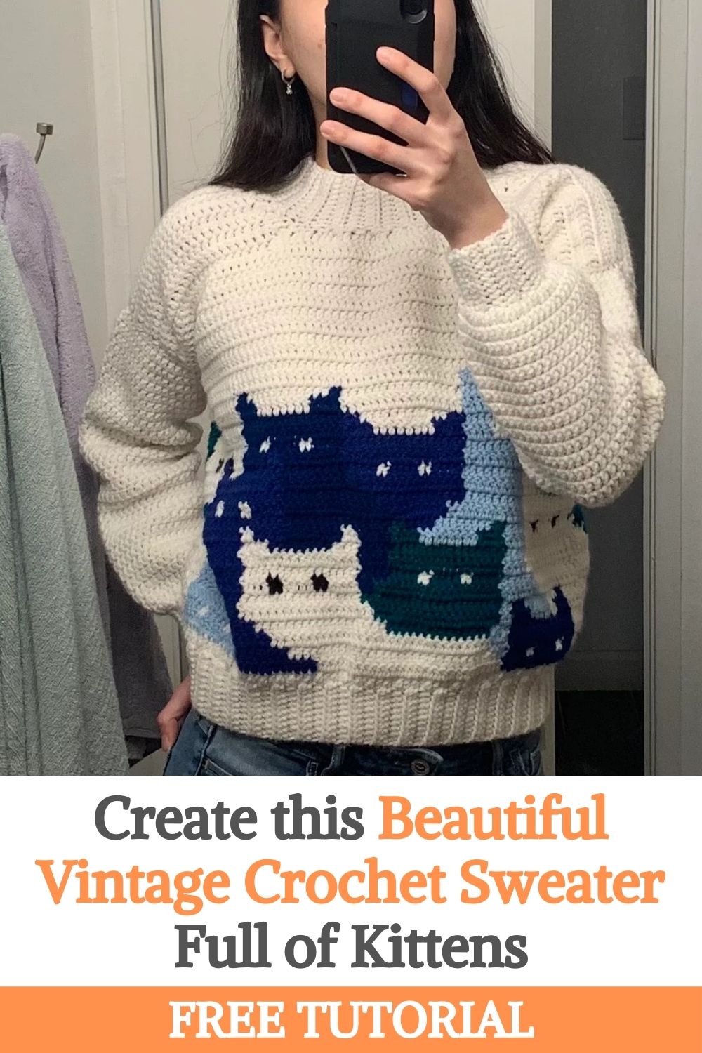 Create this Beautiful Vintage Crochet Sweater Full of Kittens