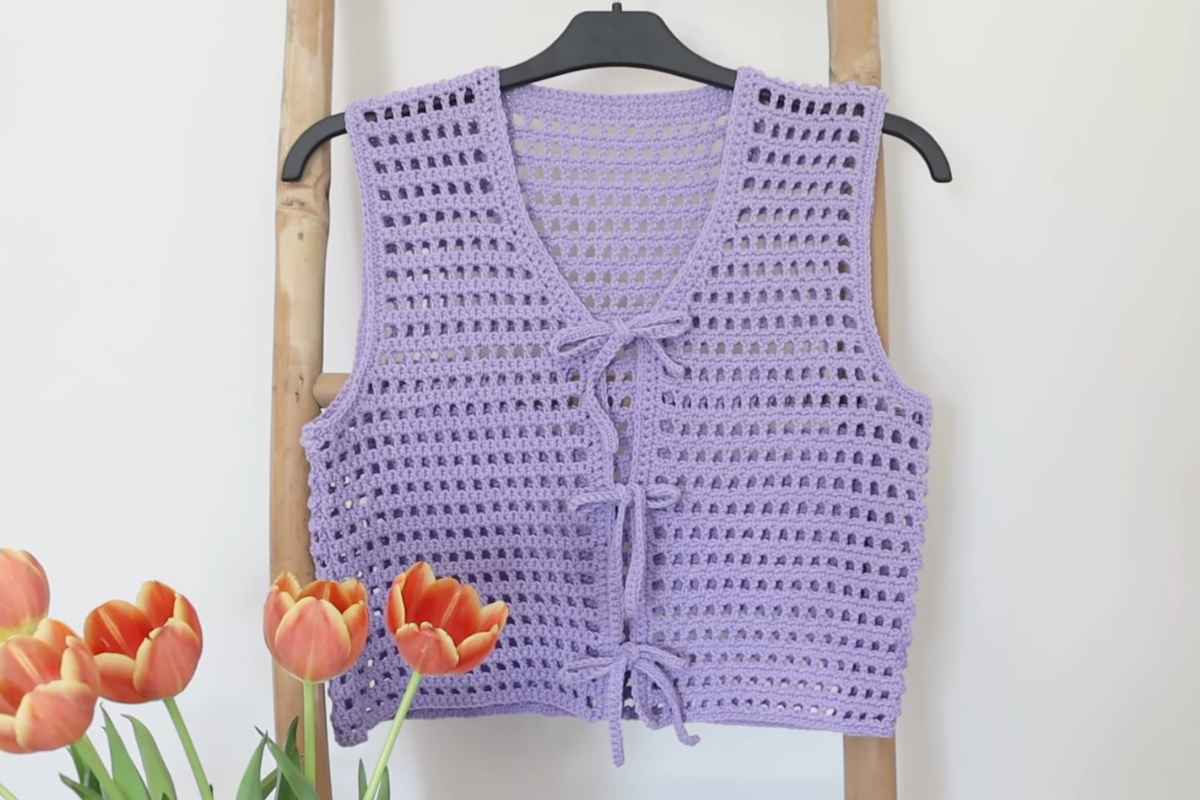 Guava Trim Tie Front Crochet Vest