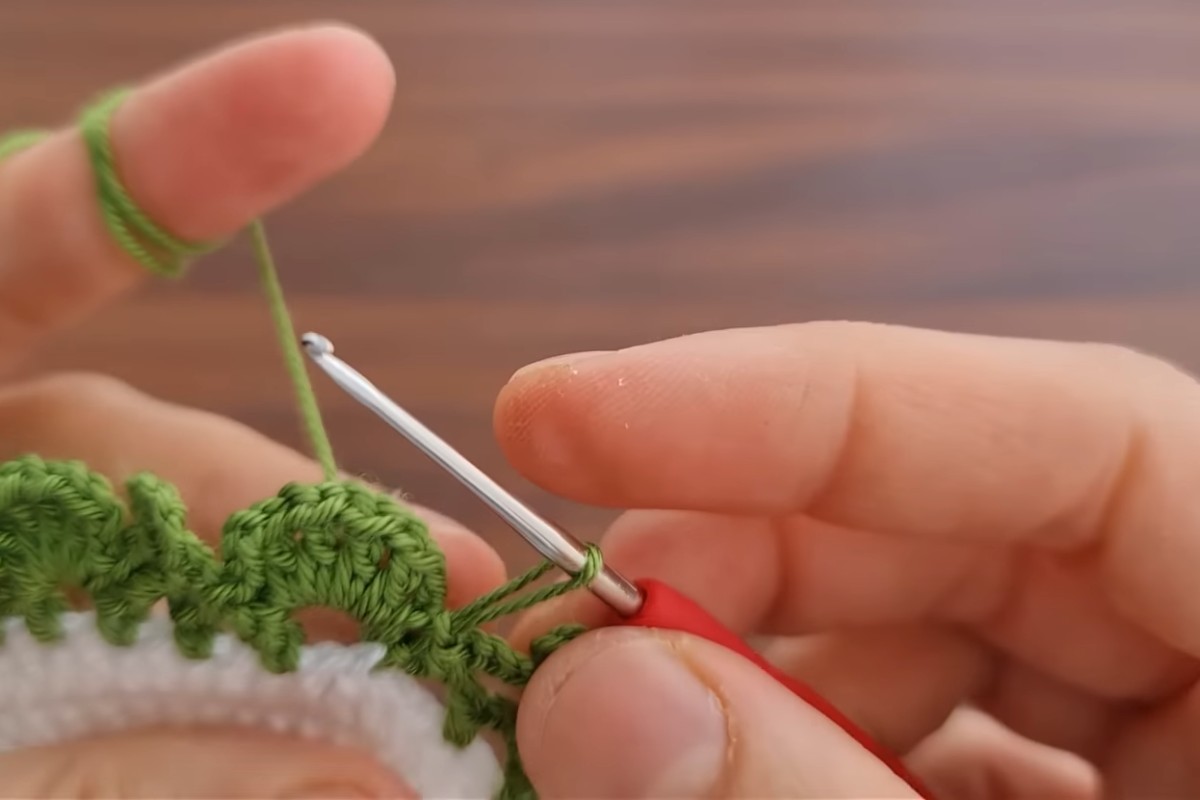 Green scalloped chain round around the white center of the crochet flower motif