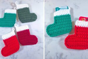 Four crochet mini Christmas stockings in green, sage, red and burgundy with white cuffs and hanging loops