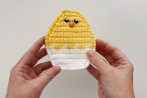 Finished crochet refillable chick egg with embroidered eyes and an orange beak