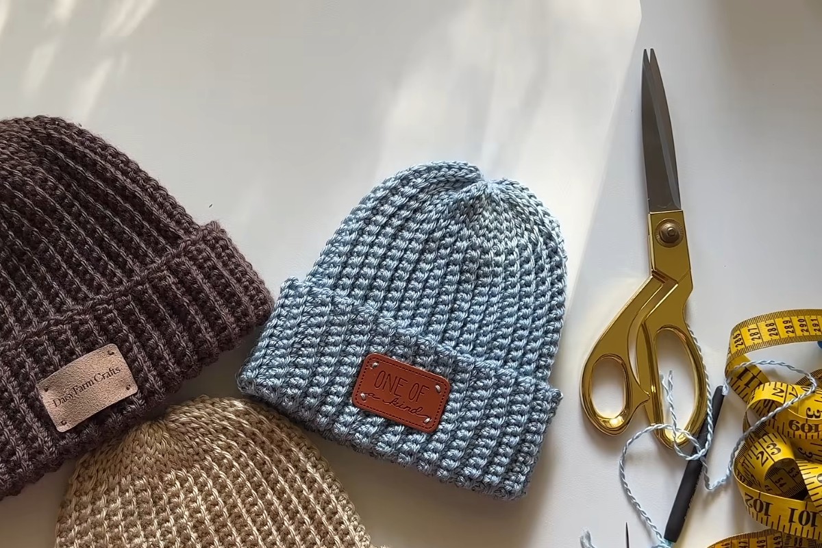 Easy crochet beanies in blue, brown and tan with cuffed brims by Daisy Farm Crafts