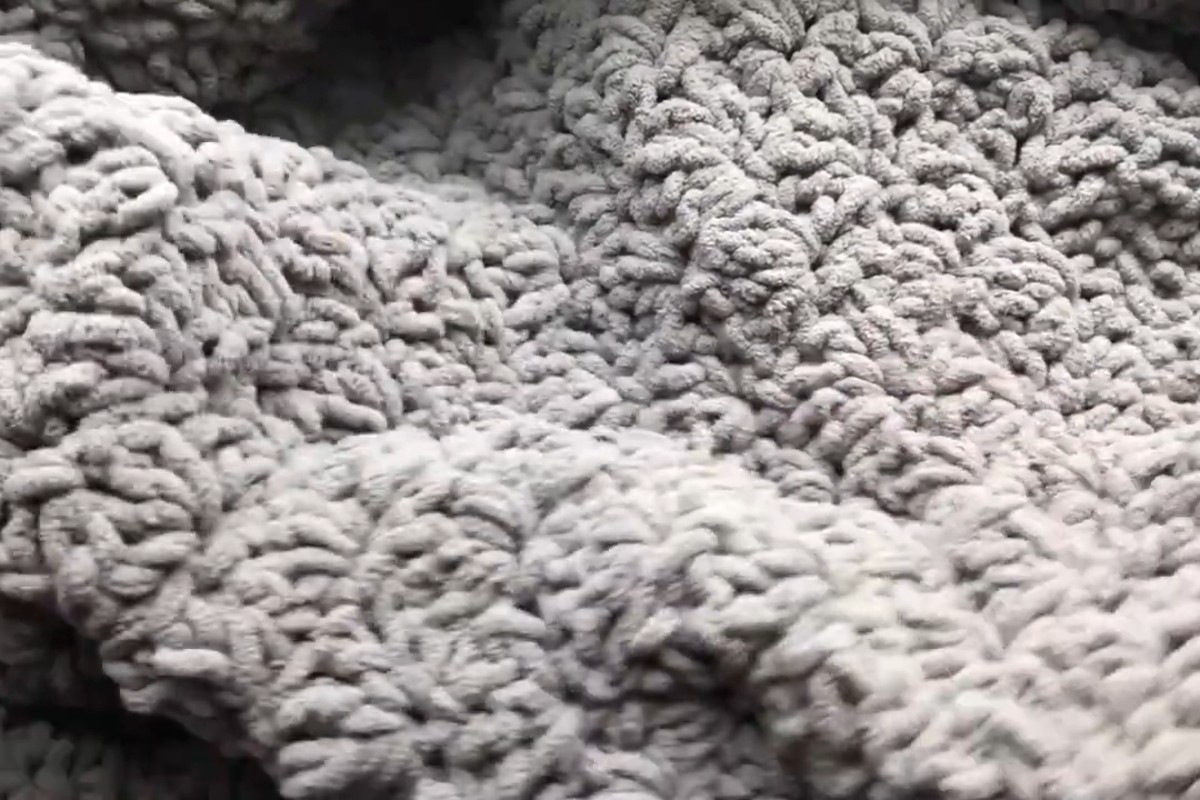 Gray Greyson chunky crochet blanket in super bulky chenille yarn by Sierra Fontaine