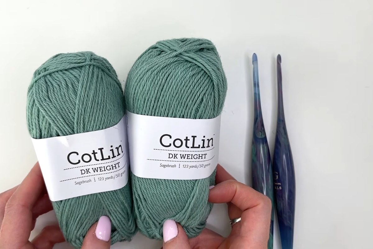 CotLin DK yarn in Sagebrush and crochet hooks for the In Bloom Lace Pullover