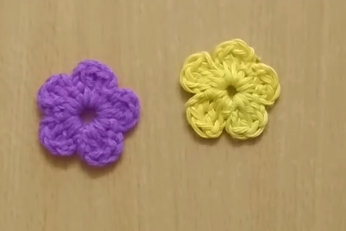 Two simple crochet flowers in purple and yellow