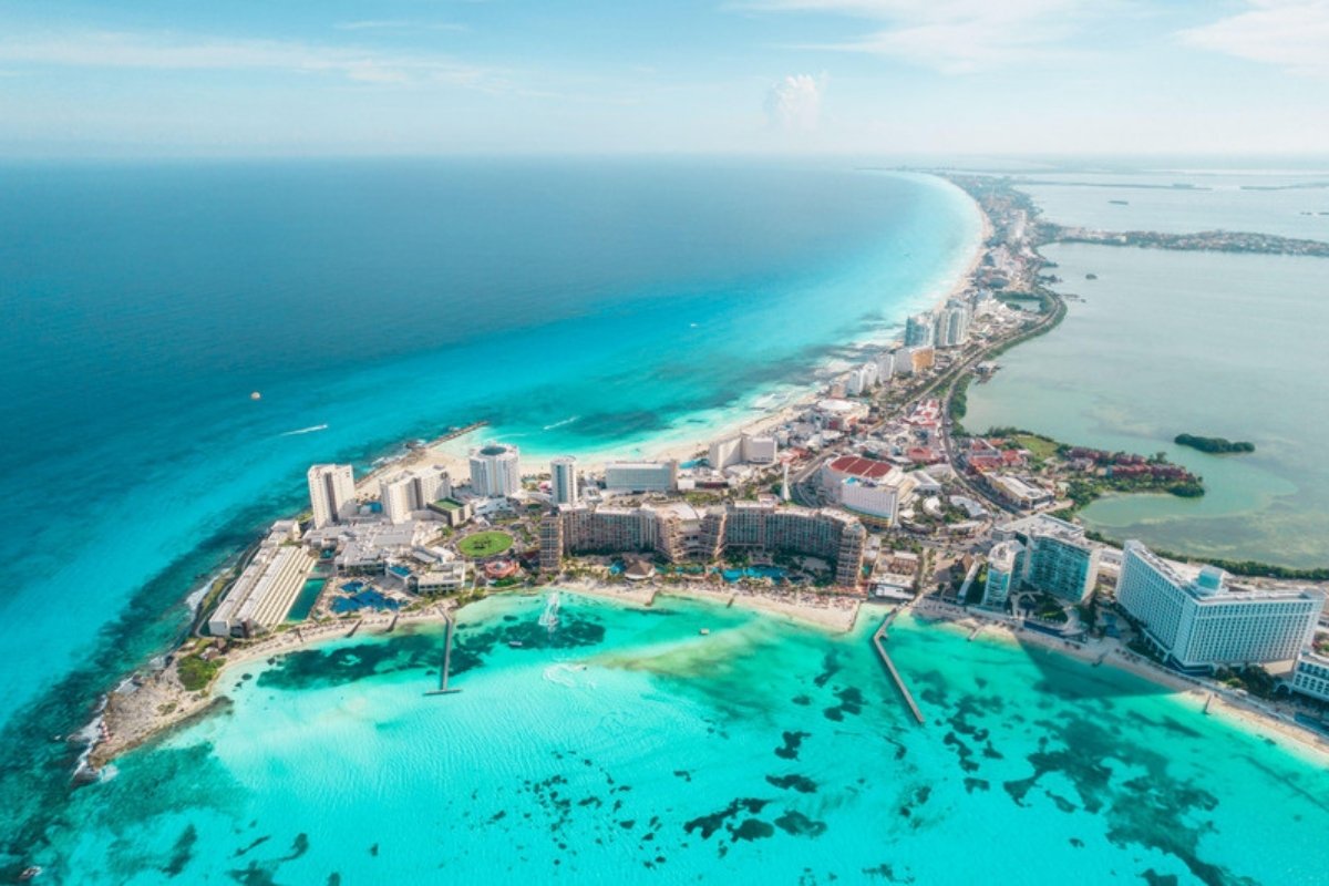 Aerial view of the Cancun Hotel Zone with turquoise Caribbean water