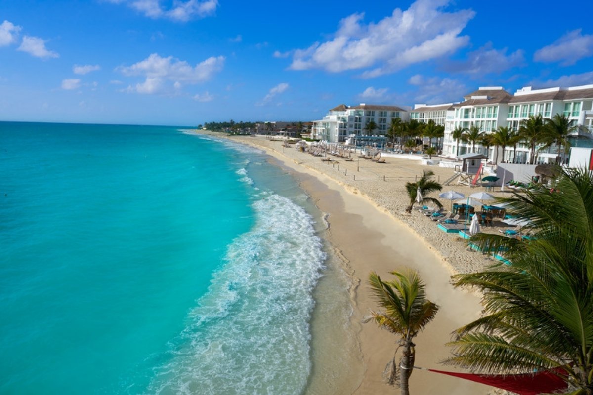 Aerial view of the beach and hotels in Playa del Carmen, Riviera Maya