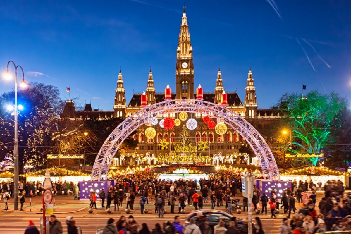 Vienna Christmas market in front of City Hall (Rathausplatz) at night